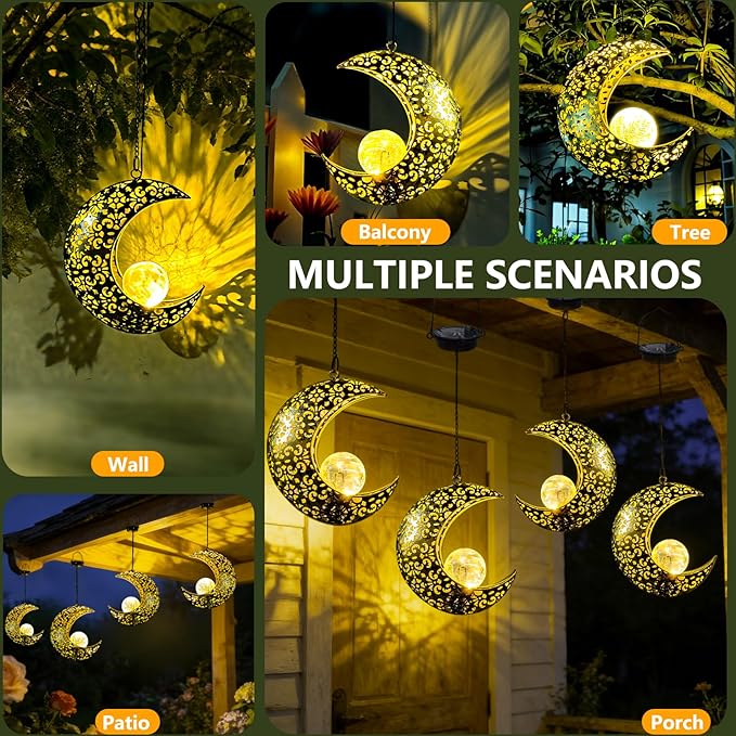 Solar Garden Hanging Moon Lights Outdoor DecorMetal Lanterns Art Decorations for Outside Yard Lawn Patio Wall Fences Driveway TrailUnique Housewarming Gardening Gifts for Women Mom