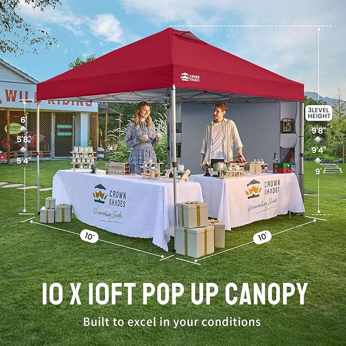 CROWN SHADES Canopy Tent 10x10 Pop Up Canopy Outdoor Shade with Pockets Sidewall Easy Up Sun Shelter with One Person Set Up Center Lock Portable Instant Camping Beach Canopy Tents Red