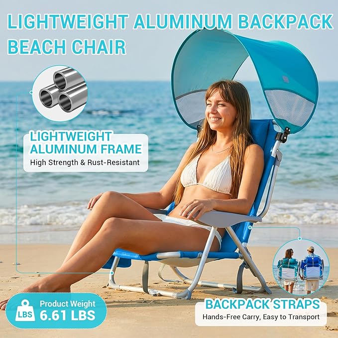 #WEJOY Beach Chair with Canopy Shade Reclining Adjustable 4 Position Lay Flat Lightweight Folding Portable Aluminum Chair with Backpack StrapsPadded headrest Heavy Duty 400lbs Lawn Chair for Beach