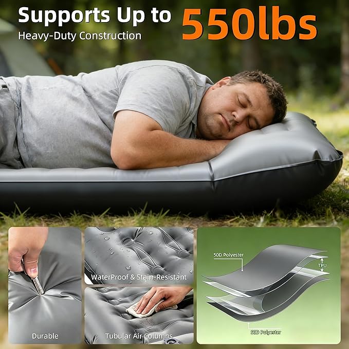 Camping Sleeping Pad Extra Thick 6 Inch Camping Mat with Built-in Pillow &amp Foot Pump Ultralight Inflatable Sleeping Pad for Backpacking Hiking Travel Tent(Gray)