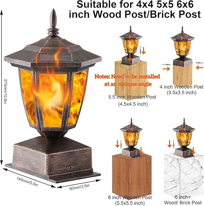 Dynaming 4 Pack Solar Flame Post Lights Outdoor Solar Powered Lamps Fence Post Cap Lights Flickering Flame LED Lantern Waterproof for Garden Deck Patio Fit 4x4 5x5 or 6x6 Wooden Posts Bronze