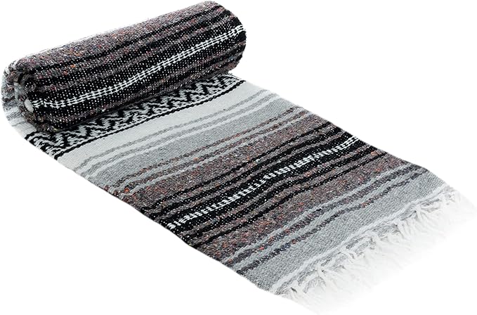 La Montana Mexican Blankets and Throws 4 Pack 74x50 - Made in Mexico Lightweight Yoga Blanket for Schools Studios Outdoors Camping Picnic Decor - Machine Washable Charcoal/Silver/White