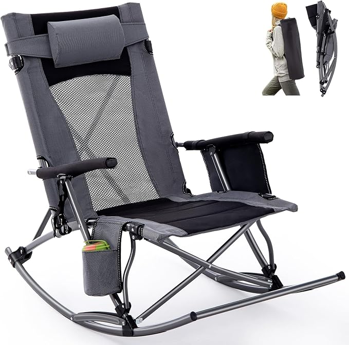 Oversized Folding Rocking Camping Chair Outdoor Portable Rocker Chair with Hard Armrest for Adults Heavy Duty Foldable Rocking Chairs for Outside Patio Lawn Supports up to 400 Lbs Gray