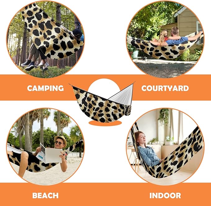 Outdoor Camping Hammock Leopard Print Camouflage Color Double Single Hammocks with 2 Tree Straps Lightweight Portable Yet Heavy Duty Nylon Hammocks Travel Beach Backyard Patio Hiking