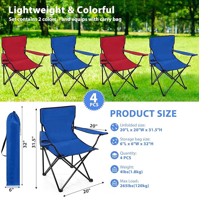 4 Pcs Folding Camping Chairs with Cupholder and Carry Bag Regular Size Portable Lightweight Lawn Chair with Mesh Side Pocket for Fishing Hiking Picnic Beach Outdoor Party (Elegant)