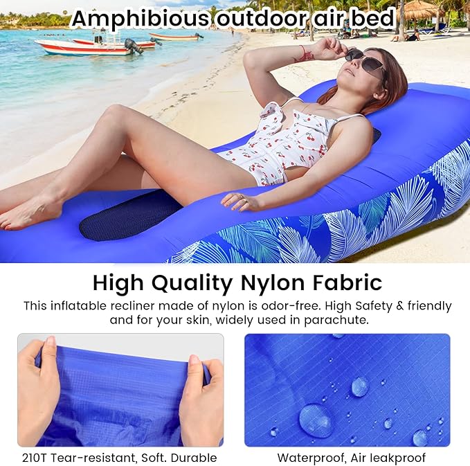 ele ELEOPTION Outdoor Inflatable Camping Couch Waterproof Portable Blow Up Air Sofa Chair Lounger for Backyard Beach Traveling Camping with Compression Sacks (Blue Feather)