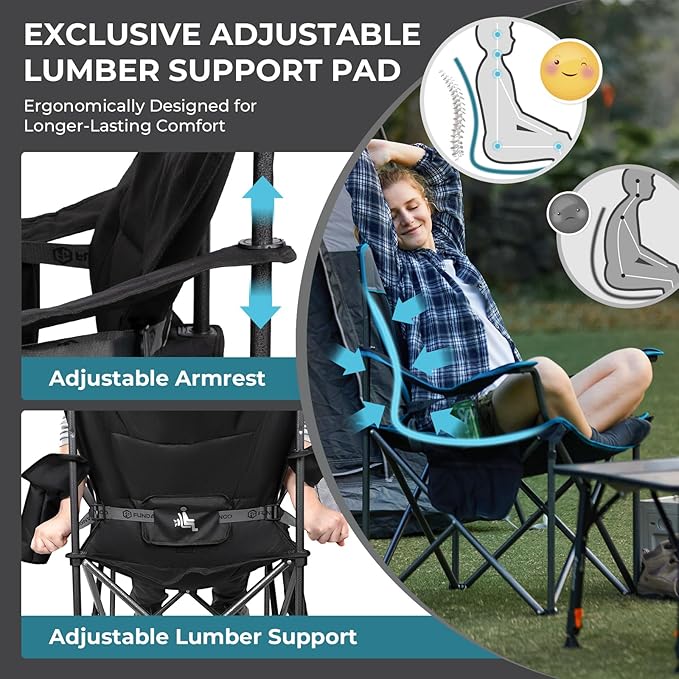 FUNDANGO Oversized Camping Chair for Adults Heavy Duty Portable Foldable Lawn Chair with Padded Seat &amp Back Lumbar Support 4-can Cooler &amp Cup Holder Carry Bag Included for Outdoor