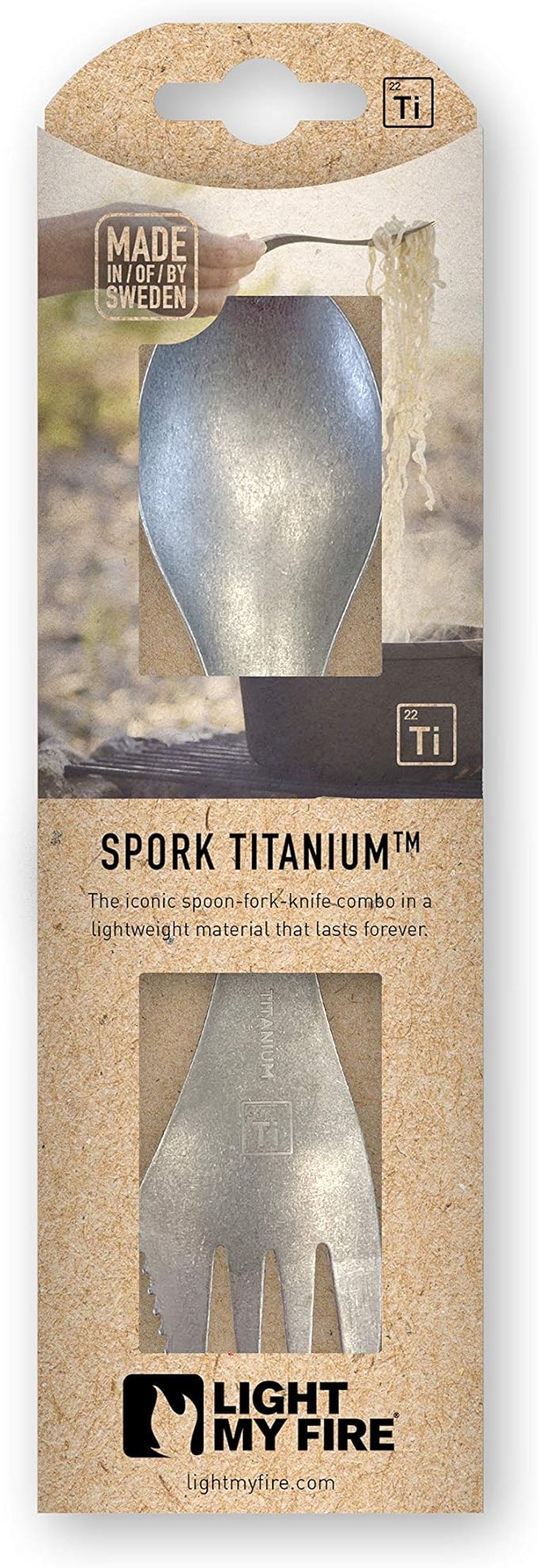 Light My Fire Titanium Spork — Camping Spoon Fork Knife Combo — Reusable Travel &amp Camping Utensils — Unbreakable Non-Toxic BPA Free Outdoor Backpacking Hiking Picnic Utensil — 1 Metal Spork