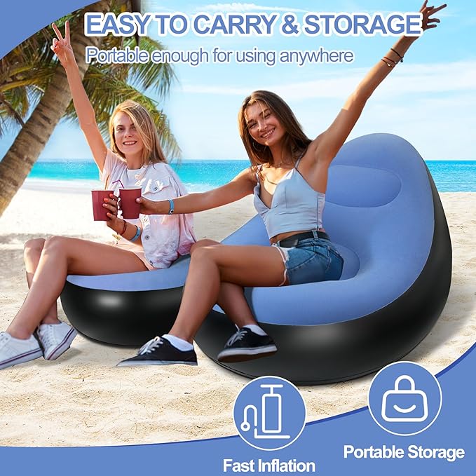 Inflatable Chair with Ottoman Inflatable Couch for Adults with Flocked Surface Comfortable Blow Up Air Chair Waterproof Portable Air Sofa Inflatable Couch for Camping(Blue) (Without Pump)