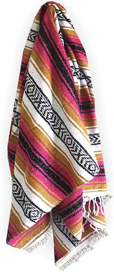 Del Mex Classic Mexican Blanket Large Authentic Woven Falsa Throw (70x50) Artisan Southwest Décor for Beach Yoga Outdoors (Gold/Fuchsia)