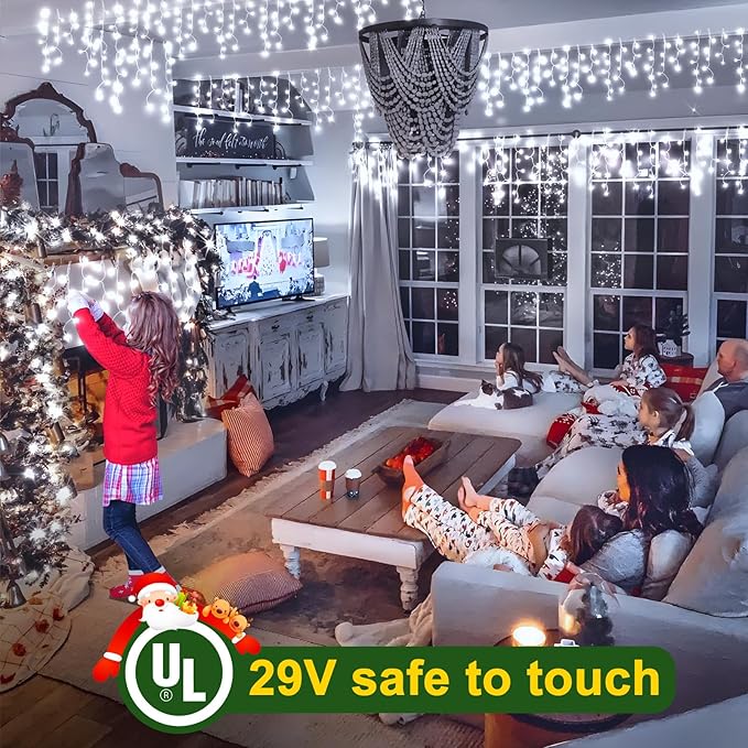 KNONEW 99FT 1216 LED Christmas Lights Outdoor Decorations 8 Modes White Curtain String Light with 228 Drops Clear Wire LED String Light Indoor Decor for Wedding Party Holiday Christmas