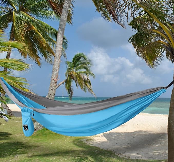 Gold Armour Camping Double Hammock with Mosquito Net Set (Removable) - Double Parachute Hammock USA Based Brand Lightweight Adults Kids Camping Accessories Gear (Light Blue &amp Gray)