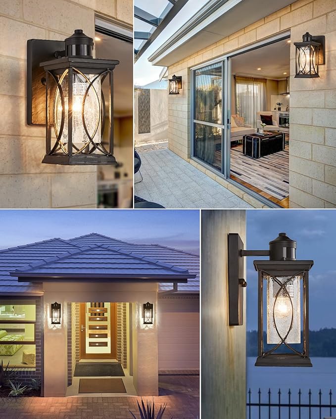 Motion Sensor Outdoor Wall Light with Dimmable Bulb Modern Dusk to Dawn Exterior Light Fixture Wall Mount Porch Light Black with Crack-Like Glass Coach Lantern for House Garage