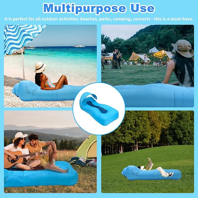 Inflatable Couch Inflatable Lounger Air Sofa | No-Pump Blow Up Couch | Ergonomic Design Air Couches Outdoor for Camping &amp Park &amp Beach Upgrade Your Camping Accessories-with Sun Shade（Blue）