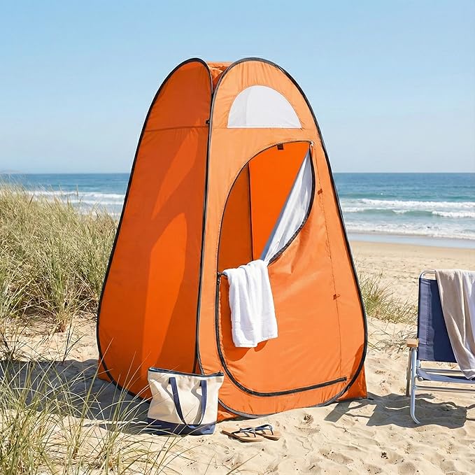 4x4ft Pop Up Privacy Shower Tent with Top Window 3.6lbs Liightweight Dressing Room Portable Toilet Stall with Carry Bag for Camping Beach Outdoors (Orange)