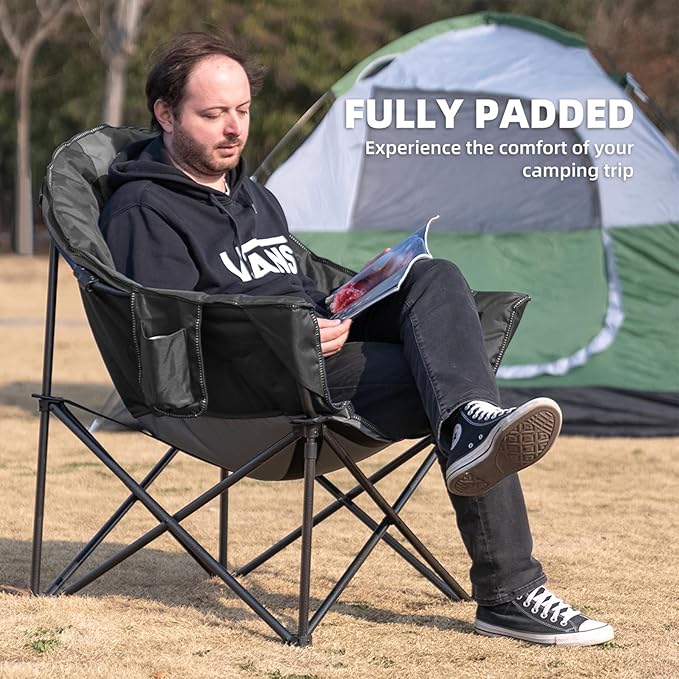 Oversized Camping Chair 2 PCS Padded Moon Saucer Chair with Cup Holder &amp Carry Bag Heavy Duty 500lbs Capacity Folding Outdoor Lounge Chair for Lawn Patio Sports - Black &amp Gray