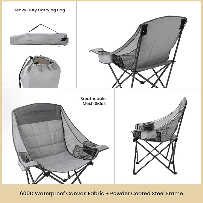 ARROWHEAD OUTDOOR Oversized Folding Camping Chair Heavy-Duty 300 lbs Capacity Adjustable Double Cup Holder Mesh Panels Inner Storage Pockets &amp Carry Bag