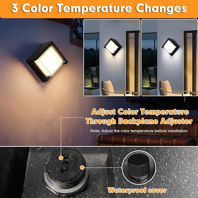 Outdoor Wall Lights 2 Pack 6 Inch Modern Square LED Wall Sconces 1200LM 3CCT Selectable (3200K/4000K/6500K) IP65 Waterproof Black Aluminum Exterior Light Fixtures for House Porch Garage