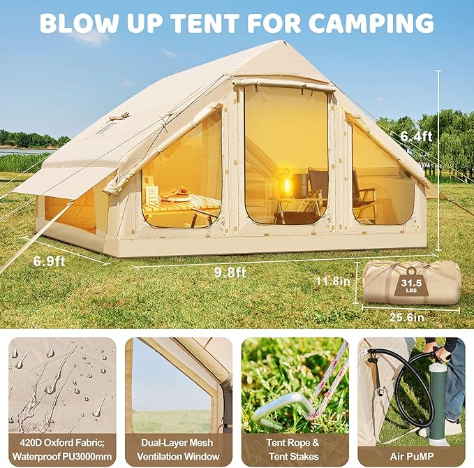 Inflatable Tents for Camping Blow Up Tent with Hand Pump Easy Setup Inflatable Hot Tent with Stove Jack Doors Mesh Windows Waterproof Oxford Air Glamping Tents for Camping 4 Person