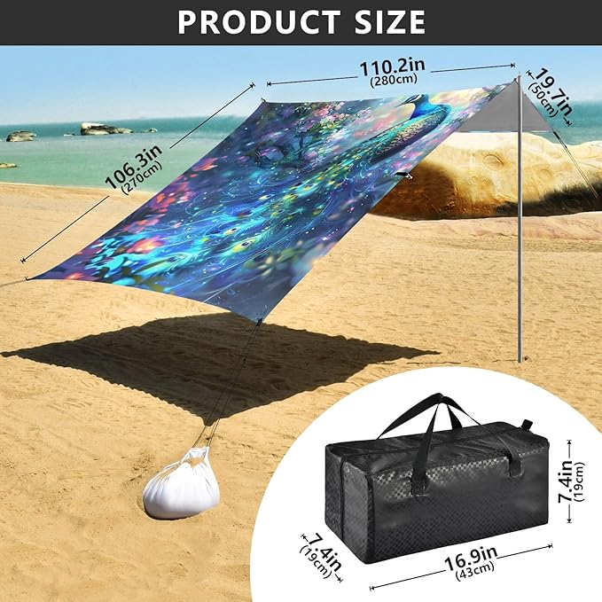 Camping Sun Shelters Glowing Beautiful Peacock Beach Canopy 126 * 110.2in