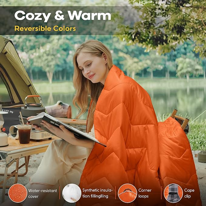 UNIKOME Waterproof Puffy Camping Blanket - Lightweight Packable Outdoor Quilt with Corner Loops Warm Compact Blanket for Cold Weather Hiking Picnic Stadium Travel 75×52 Orange