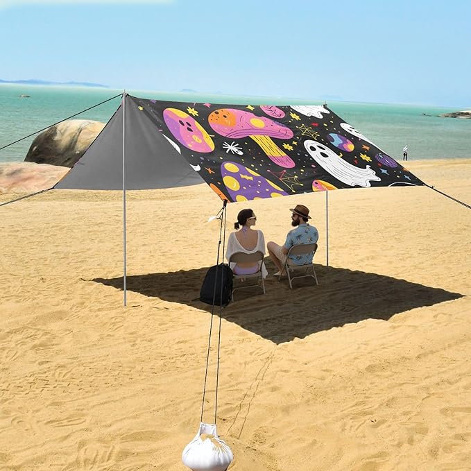 ALAZA Halloween Ghosts Mushrooms Beach Tent Sun Shelter UPF50+ Protection Beach Shade Canopy w/ 4 Sandbags for Outdoor Camping Fishing Backyard Fun Picnic 10x9 ft