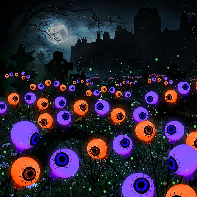 BrizLabs 6 Pack 36 LED Halloween Solar Eyeball Lights 2 Modes Outdoor Halloween Pathway Lights Solar Spooky Path Light Waterproof Swaying Firefly Lighting for Yard Garden Lawn Orange &amp Purple