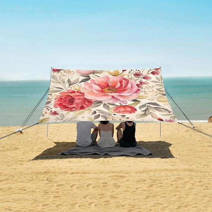 Red and Pink Flowers Beach Tent Sun Shelter 9.2' x 10.5' Beach Canopy with 4 Sandbags 4 Stability Poles Sand Shovels - Tent Canopy for Beach Camping Fishing Picnics