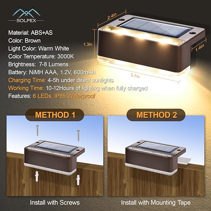 SOLPEX Solar Fence Lights 6 LEDs Solar Lights Outdoor Waterproof Solar Powered for Deck Stair Front Porch Balcony Walkway Garden Yard Patio Pool Decor IP65 Waterproof (16 Pack Warm White)