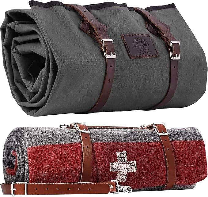 1844 Helko Werk Germany Waxed Canvas Bedroll &amp Swiss Army Blanket Bundle - Camping Bedroll with Leather Straps and Zipper - Waterproof Portable Bed (Blanket + Bedroll Slate Gray) #F8761SGB