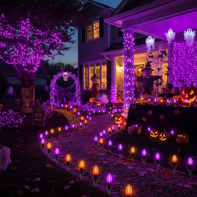 Halloween Pathway Lights 10 Pack C9 LED Stake Lights with Purple &amp Orange Bulbs 19.5ft Extendable Outdoor Walkway Lights for Garden Yard Driveway Porch &amp Sidewalk Halloween Decorations