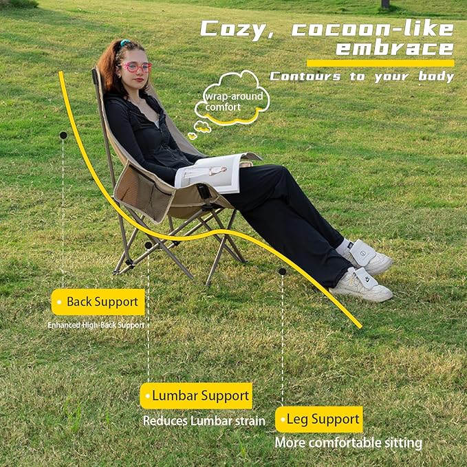 Whitsunday Camping ChairCompact Backpacking Outdoor ChairHigh Back Portable Folding Moon Chair for Heavy PeopleBeach Chair with Side Pocket-Green