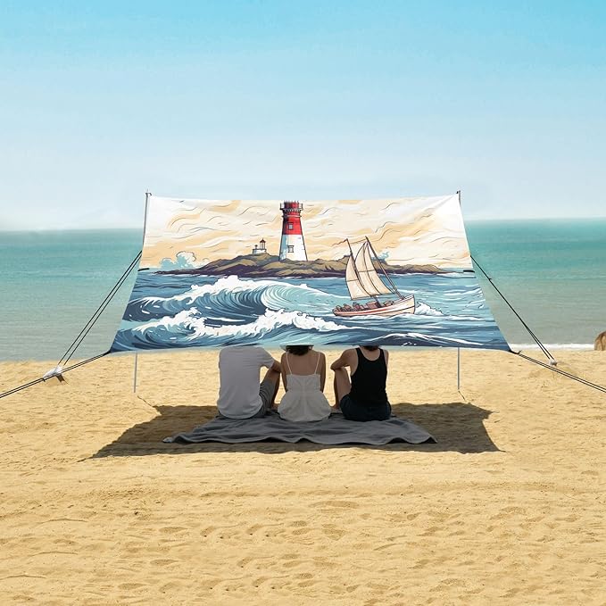 Camping Sun Shelters Sailboat in The Sea Wave and Lighthouse Beach Canopy 126 * 110.2in