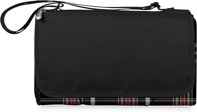 PICNIC TIME Outdoor Picnic Blanket Tote 59x51 Foldable Beach &amp Camping Blanket with Soft Fleece Water-Resistant Bottom Adjustable Strap &amp Zippered Pocket (Black Tartan Black Flap)