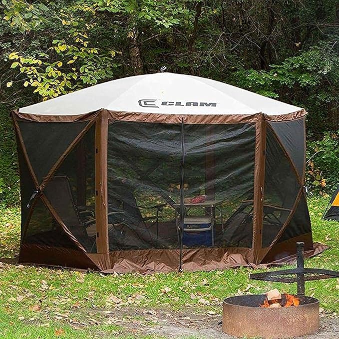 CLAM Pop Up Screen Tent Outdoor Camping Gazebo Canopy Escape 11.5' Brown - Heavy-Duty Portable Screened Shelter with Netting for Beach Patio and Backyard