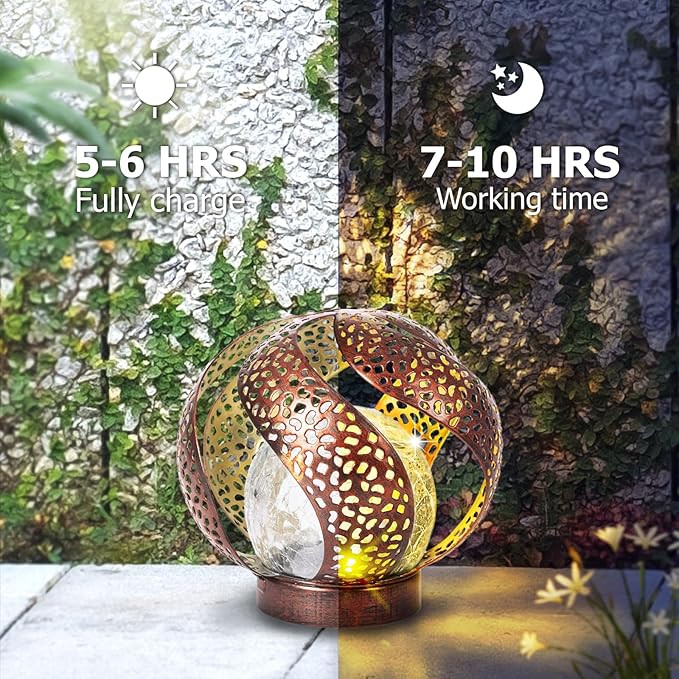 Solar Lights Outdoor - Ramadan Decor for Outside Garden Hollow Light With Glass Globe Lantern Gardening Gifts for Women Mom Pathway Balcony Tabletop Decoration