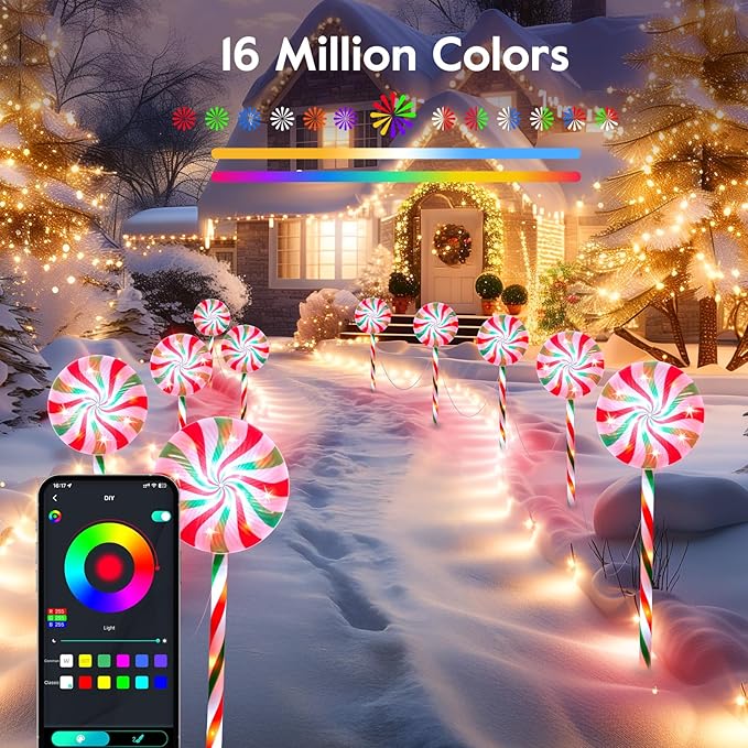 Brightown 6 Pack Smart Lollipop Christmas Pathway Lights Outdoor - 27IN 120 LED Candy Cane Lights with APP Control16 Millions Colors Waterproof Christmas Light Outdoor Decoration for Lawn