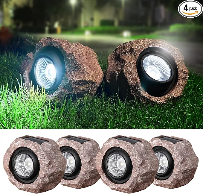 4 Pack Solar Rock Lights Outdoor Angle Adjustable Solar Lights Outdoor Waterproof LED Solar Garden Lights Auto On/Off Landscape Lighting for Yard Pathway Patio Flower Bed - White Glow (Stone Brown)