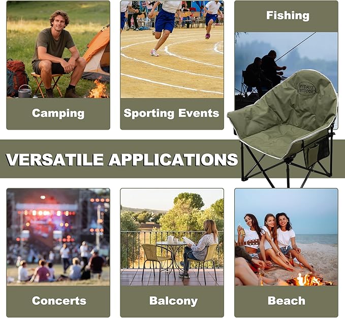 Oversized Camping Chair Portable Folding Moon Chair with Side Pocket Heavy Duty Outdoor Chair for Camping 400lbs Support (Green)
