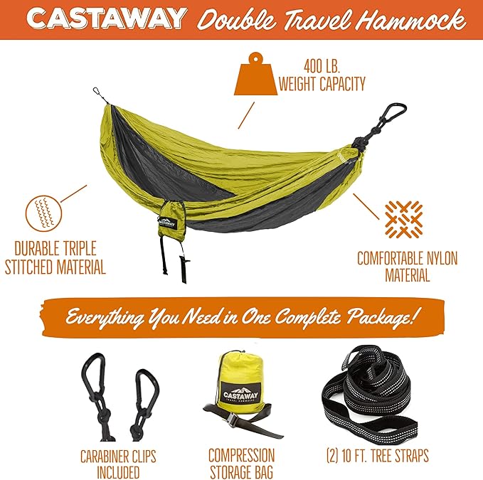 Castaway Travel Hammocks Double Lime/Charcoal Camping Hammock with 2 Tree Straps Triple Stitched Durable Nylon Material Compact Design for Backpacking Travel Beach Backyard Patio Hiking &amp M