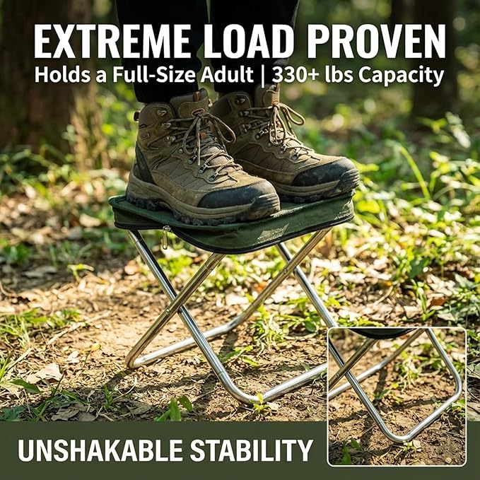 Foldable Backpack Stool for Adults - Portable Folding Stool with 350lb Capacity 900D Oxford Fabric &amp Durable Spring-Linked Frame Lightweight at 1.3lbs for Camping Fishing Travel (Green)