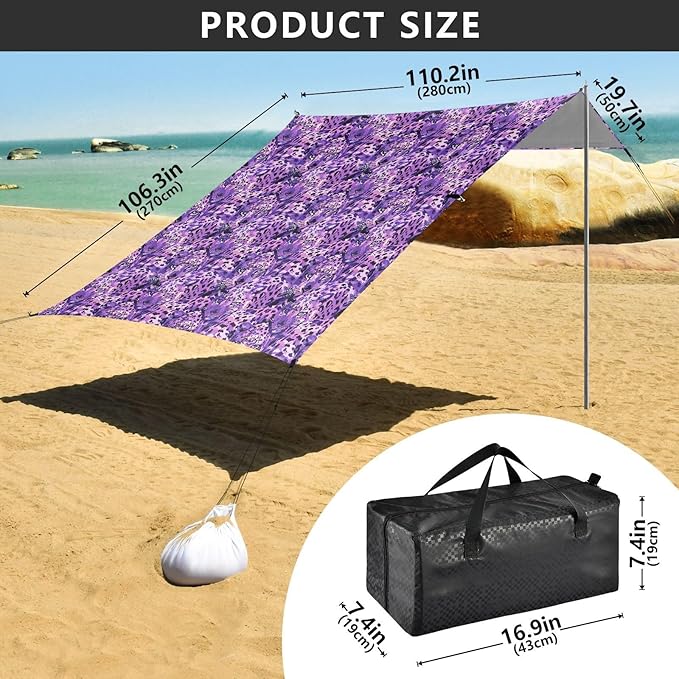 ALAZA Purple Leopard Print Beach Tent Sun Shelter UPF50+ Protection Beach Shade Canopy w/ 4 Sandbags for Outdoor Camping Fishing Backyard Fun Picnic 10x9 ft