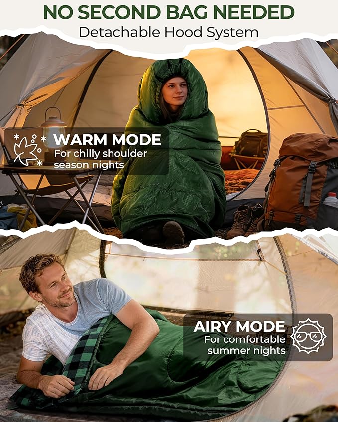 Sportneer 0 Degree Sleeping Bag for Cold Weather XL Winter Sleeping Bag for Adults Flannel Lined Camping Sleeping Bag 32°F–59°F Rated 87 x 33.5 4.4 lbs Detachable Hood Compression Sack
