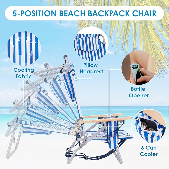 Low Profile Reclining Beach Chair for Adults Supports 300lbs| Oversized Backpack Beach Chair with 5 Adjustable Positions for Outdoor Concert Travel Festival Camping