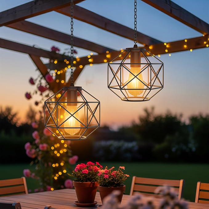 Hanging Solar Lantern7.8′′×7′′Outdoor Solar Lanterns Waterproof Pendant Light Outdoor Chandelier for Gazebo Patio Porch Garden Barn Tree Pergola Decor