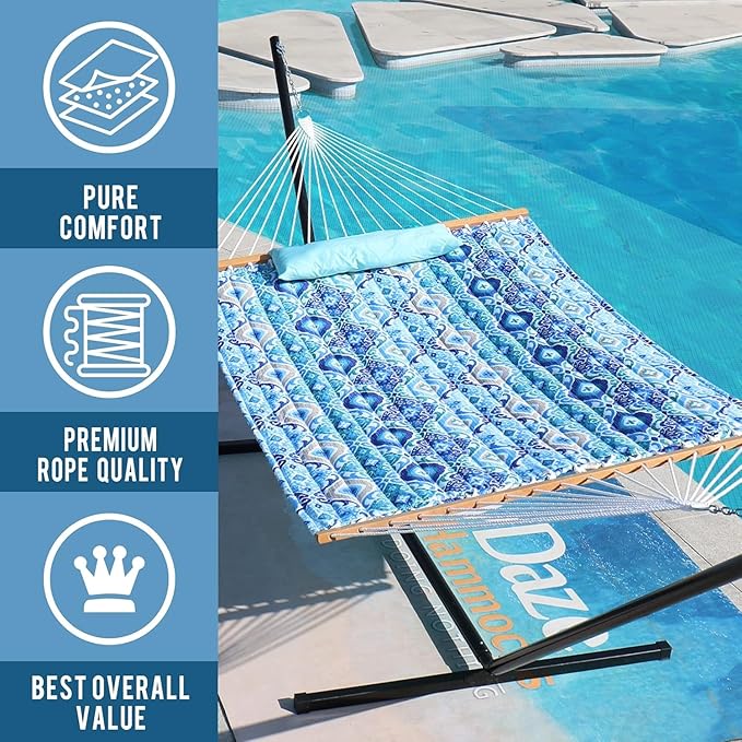 Lazy Daze Hammocks 12FT Quilted Fabric Hammock with Soft Pillow Double 2 Person Tree Hammock with Spreader Bar for Outdoor Outside Patio Garden Yard Pool Beach 450lbs Capacity
