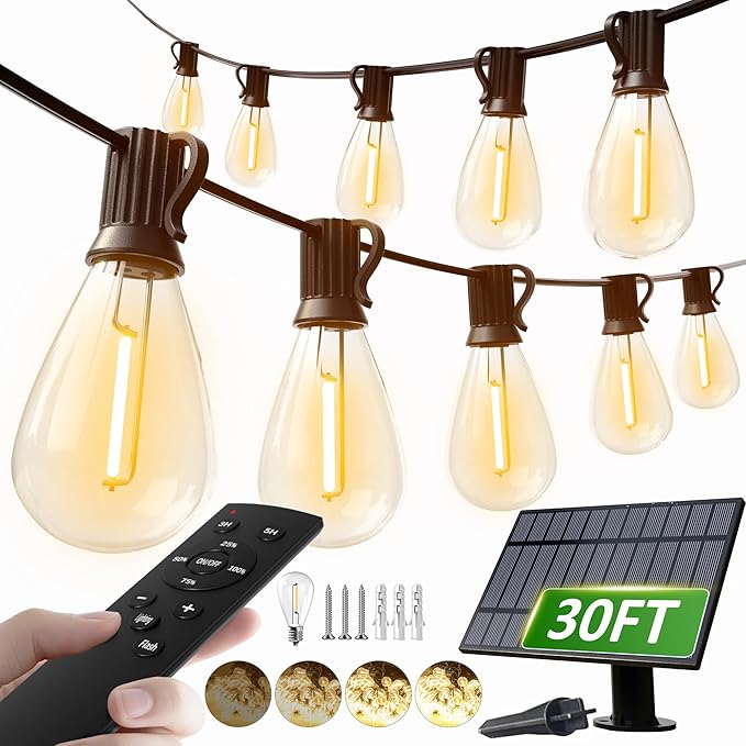 luckystyle 30FT Solar String Lights Outdoor Waterproof 2200K with Remote &amp USB Charging 10+1 LED Shatterproof Bulbs Dimmable &amp Timable 3 Light Modes Long Last for GardenPatio Backyard C