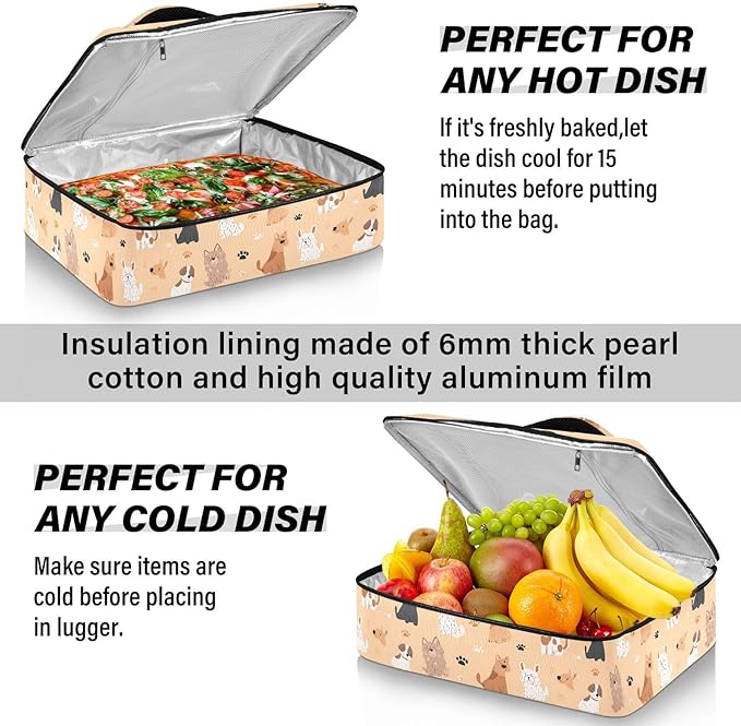 Casserole Carrier Lovely Dogs PatternInsulated Casserole Carrier for Hot or Cold Food Thermal Lunch Tote for Potluck Parties Picnic Beach Fits 9 x 13 Inches Baking Dish
