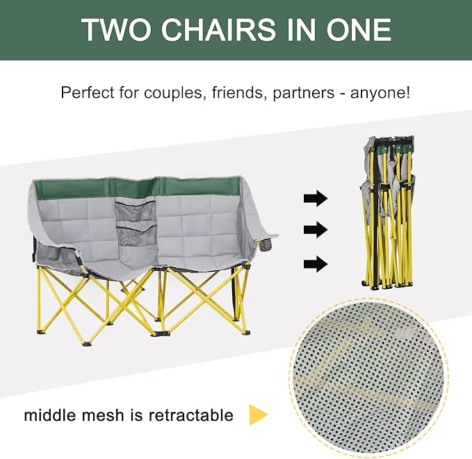 Loveseat Style Camping Chair Oversized Folding Lawn Chair with Carry Bag &amp Cup Holders for Outdoor Beach Picnic Hiking Travel Green &amp Gray