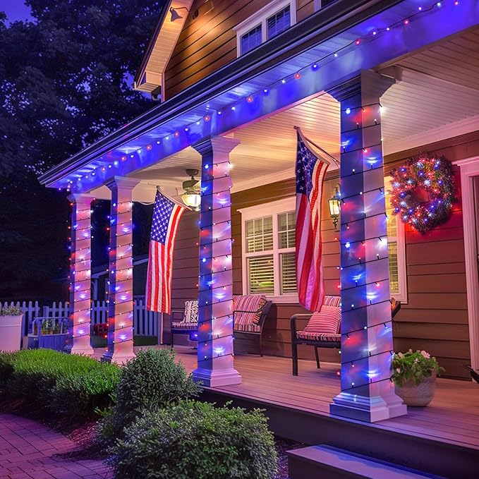 JMEXSUSS 2 Pack Red White and Blue Solar Lights 100LED 33ft Patriot Solar String Lights Waterproof 8 Modes 4th of July Lights for Independence Day Gardens Tree Outdoor 4th of July Decorations